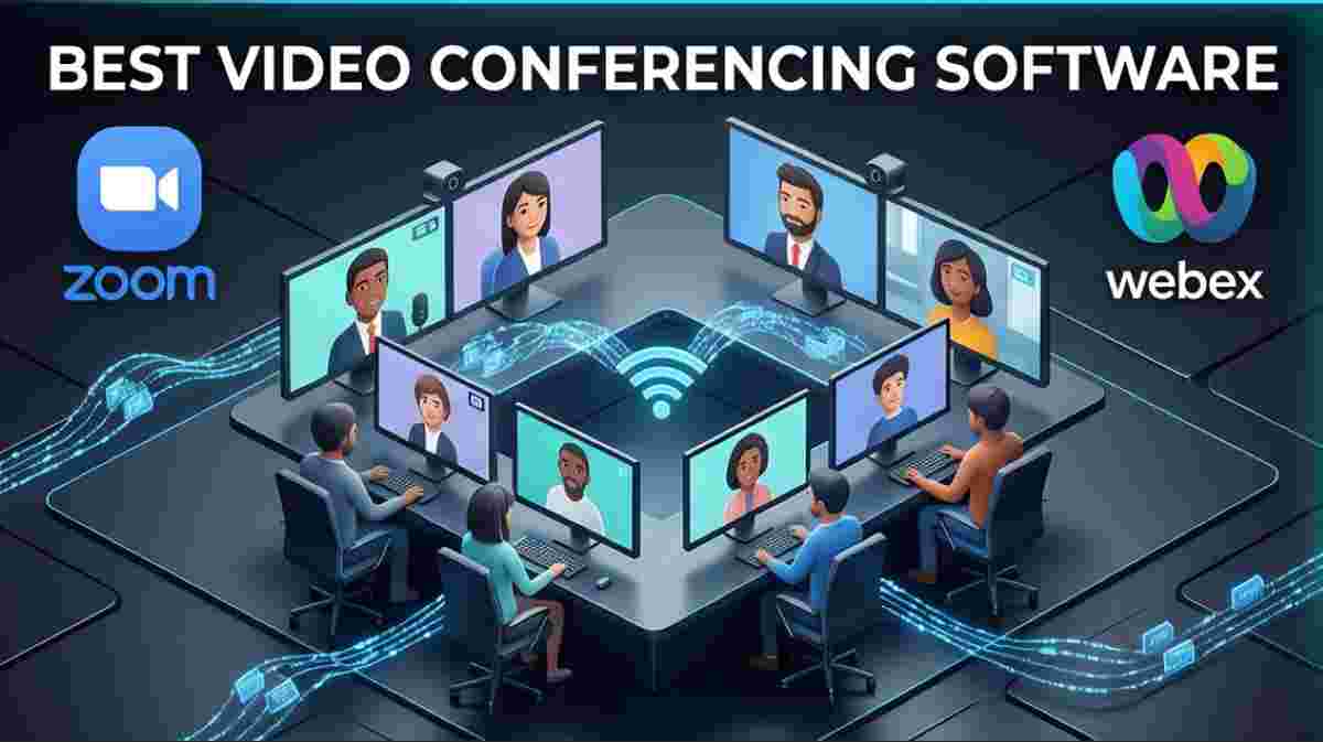 3D isometric scene of a modern hybrid workforce using video conferencing software. Hybrid employees sit at a workstation interacting with floating screens displaying diverse remote participants via high-fidelity WebRTC streams. Best Video Conferencing Software for enterprise collaboration.