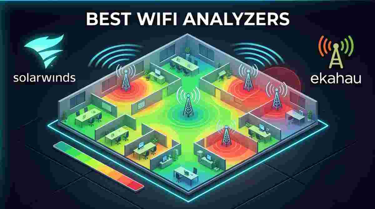 3D isometric diagnostic heat map for enterprise wireless network optimization. A detailed office floor plan visualizes signal strength gradients, identifies access point locations, and highlights zones of RF interference. Best WiFi Analyzers for B2B SaaS infrastructure. 3D isometric diagnostic heat map for enterprise wireless network optimization. A detailed office floor plan visualizes signal strength gradients, identifies access point locations, and highlights zones of RF interference. Best WiFi Analyzers for B2B SaaS infrastructure.
