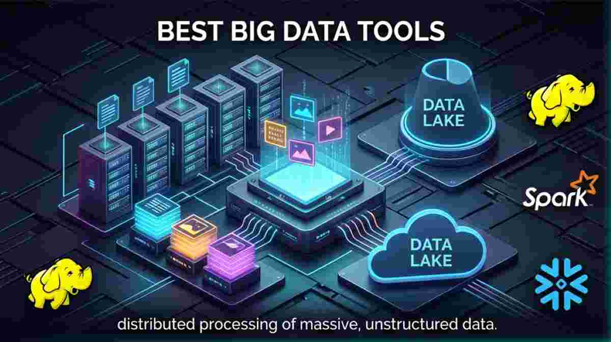 3D isometric visualization of enterprise big data tools featuring a distributed server cluster processing massive unstructured datasets into a central data lake. Includes logos for Apache Spark, Hadoop, and Snowflake. Best Big Data Tools for B2B SaaS architecture. 3D isometric visualization of enterprise big data tools featuring a distributed server cluster processing massive unstructured datasets into a central data lake. Includes logos for Apache Spark, Hadoop, and Snowflake. Best Big Data Tools for B2B SaaS architecture.