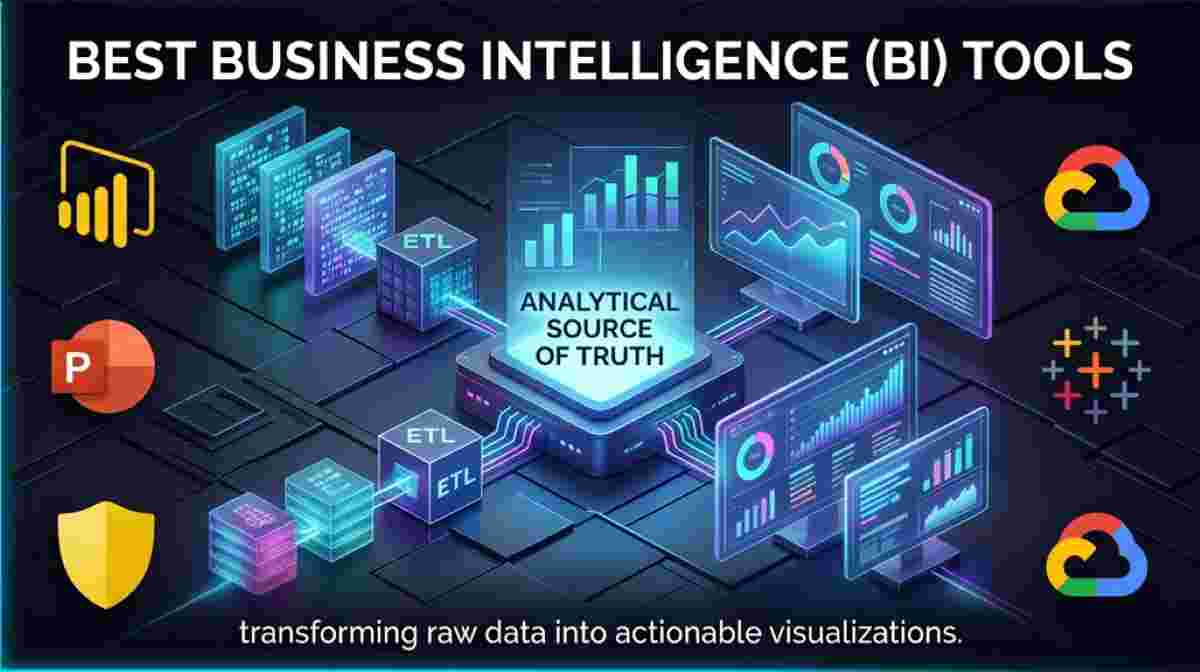 3D isometric scene of business intelligence tools transforming raw data streams through ETL pipelines into actionable visual dashboards. Features logos for Microsoft Power BI, Tableau, and Looker. Best Business Intelligence Tools for enterprise SaaS analytics.