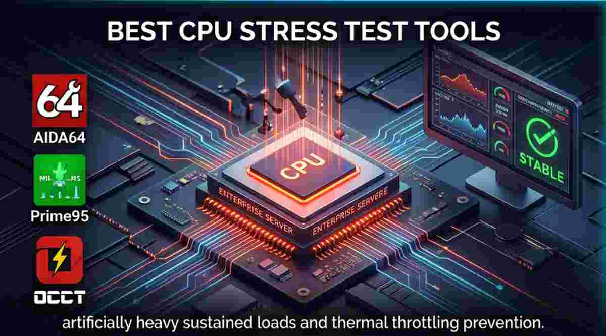 3D isometric technical illustration of a glowing enterprise server processor undergoing heavy synthetic load testing to prevent thermal throttling. Includes logos for AIDA64, Prime95, and OCCT. Best CPU Stress Test Tools for hardware stability validation. 3D isometric technical illustration of a glowing enterprise server processor undergoing heavy synthetic load testing to prevent thermal throttling. Includes logos for AIDA64, Prime95, and OCCT. Best CPU Stress Test Tools for hardware stability validation.
