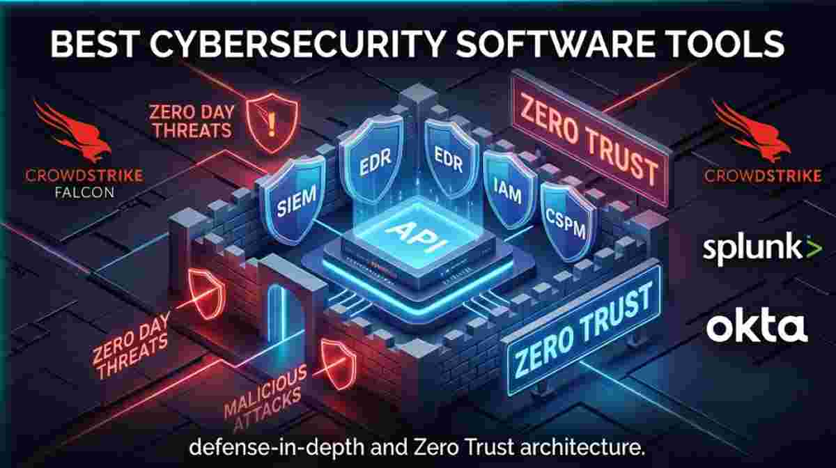 3D isometric diagram of cybersecurity software tools defending a B2B SaaS environment with a Zero Trust architecture fortress, protected by EDR and SIEM shields against zero-day threats. Displays logos for CrowdStrike, Splunk, and Okta. Best Cybersecurity Software Tools for enterprise defense. 3D isometric diagram of cybersecurity software tools defending a B2B SaaS environment with a Zero Trust architecture fortress, protected by EDR and SIEM shields against zero-day threats. Displays logos for CrowdStrike, Splunk, and Okta. Best Cybersecurity Software Tools for enterprise defense.