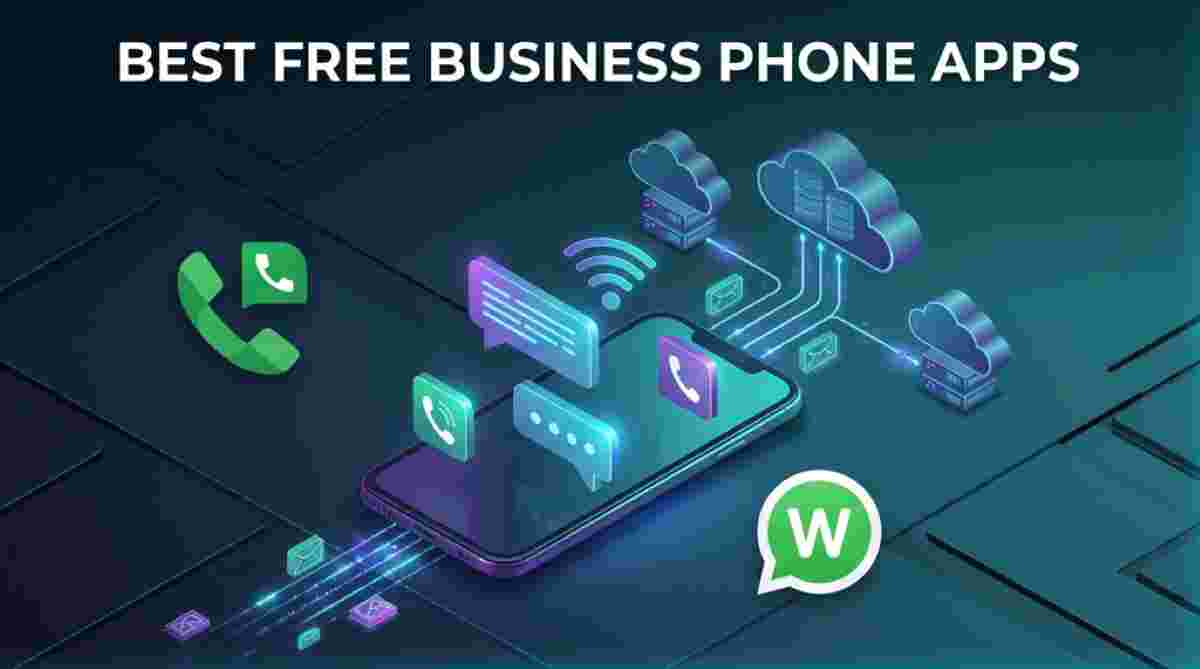 A 3D isometric visualization of a smartphone connected by glowing data lines to floating server icons, representing cloud-based business communication. Icons for calling and messaging, including a green 'W' logo, float around the phone under the heading 'BEST FREE BUSINESS PHONE APPS'. A 3D isometric visualization of a smartphone connected by glowing data lines to floating server icons, representing cloud-based business communication. Icons for calling and messaging, including a green 'W' logo, float around the phone under the heading 'BEST FREE BUSINESS PHONE APPS'.