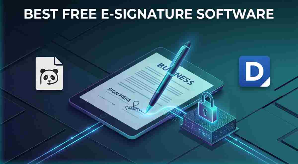 A 3D isometric scene of a stylus pen linked by glowing data streams to a secure lock block as it hovers above a tablet displaying a contract, illustrating digital document signing. The heading 'BEST FREE E-SIGNATURE SOFTWARE' is visible, along with a stylized 'D' logo.