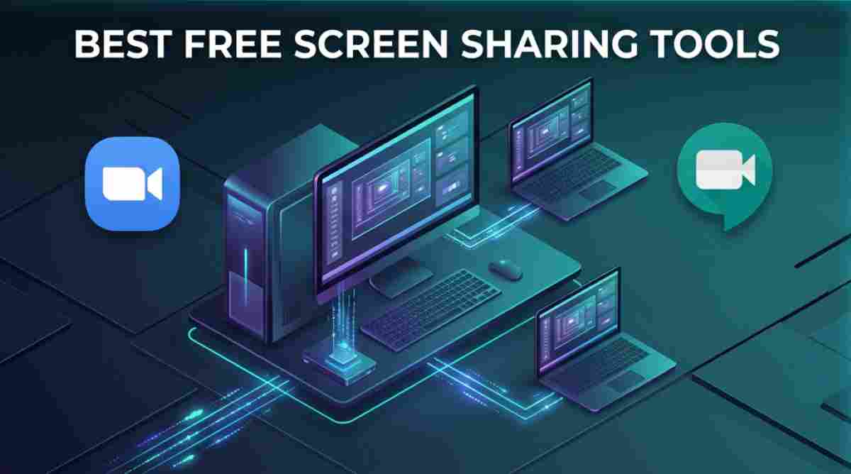 A complex isometric visualization of a networked desktop computer sharing its screen display in real-time onto two connected laptops and a tablet. Icons for video conferencing and messaging float around the workstation under the heading 'BEST FREE SCREEN SHARING TOOLS'