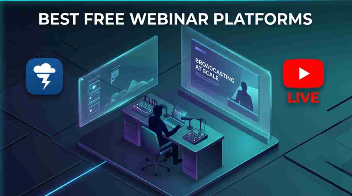 An isometric scene of a professional broadcasting setup with a presenter and multiple screens, where a main screen displays 'BROADCASTING AT SCALE'. Icons for live streaming, including a 'LIVE' button and a dark cloud logo, float nearby under the heading 'BEST FREE WEBINAR PLATFORMS'