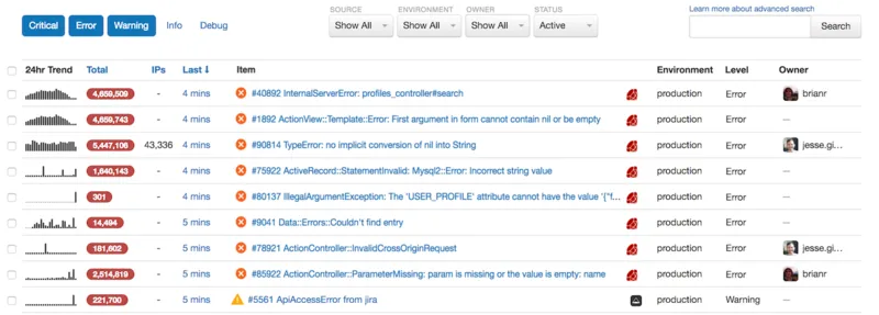 Rollbar provides real-time error aggregation