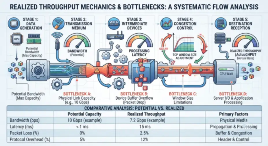 Realized Throughput Mechanics and Bottlenecks